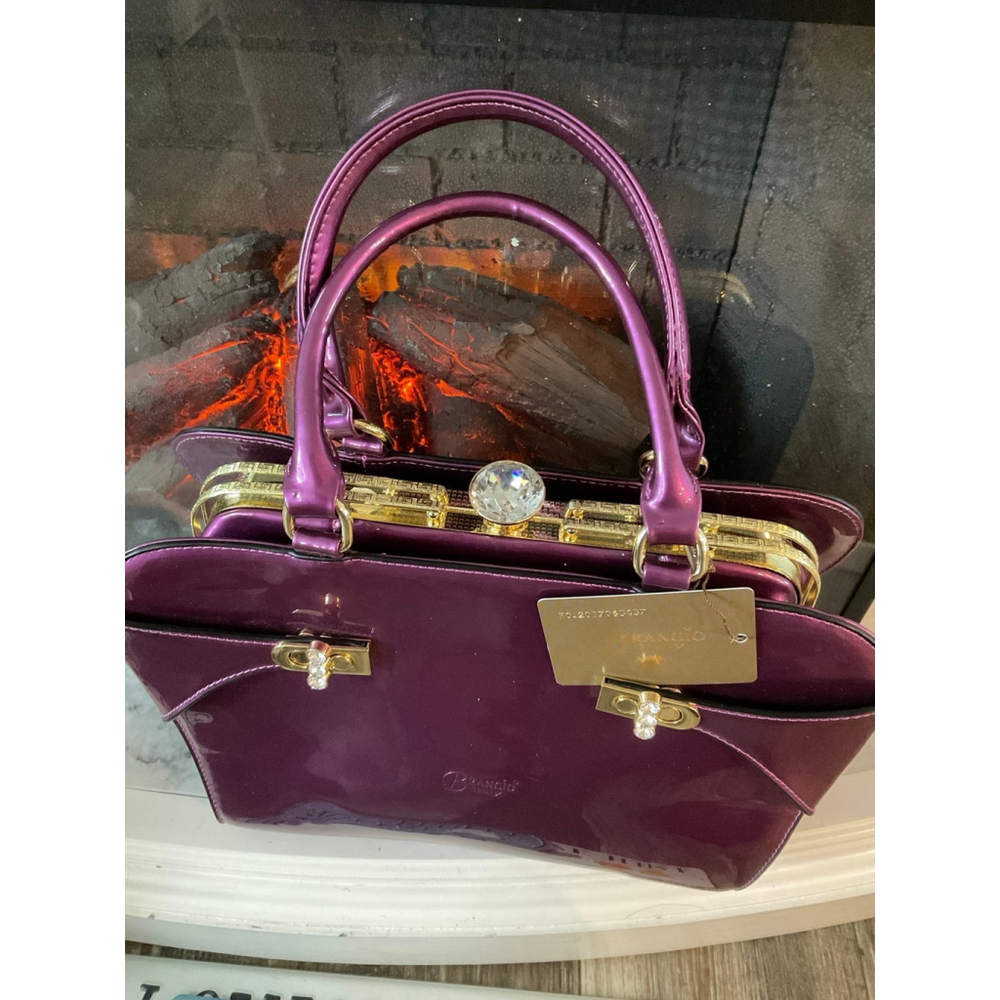 Brangio of Italy Purple Patent Leather Glam Gold Frame Rhinestone Top Handle Bag - Picture 10 of 12